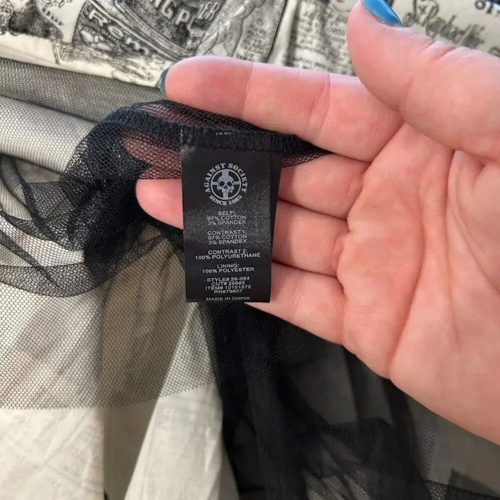 VTG Lip Service Step in Time Goth Steampunk Newsprint Mini Skirt XL Old News